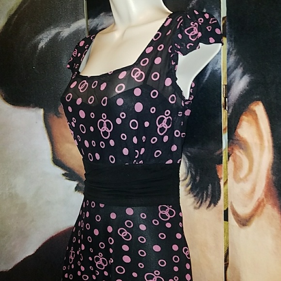 Tatyana Jenny Vintage 1940's Hollywood Starlet Black Chiffon Tea Dress Pink Dots - Picture 5 of 8